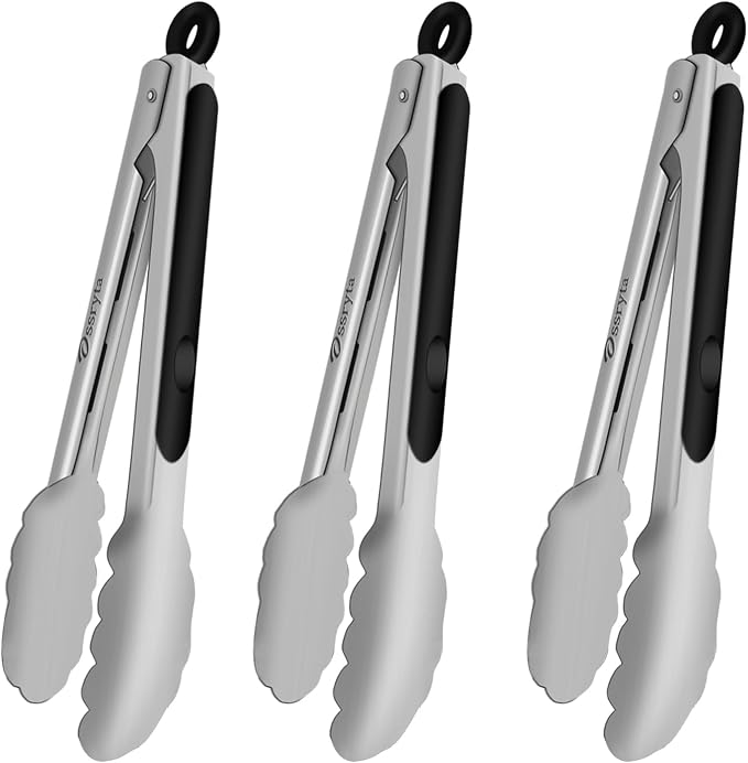 Small Cooking Tong Set of 3 - Mini 7 Inch Stainless Steel Locking Tongs, Heat Resistant to 600°F, Food Grade Kitchen Metal Tong for Food, Salad, Pasta, Steaks, Vegetables - Dishwasher Safe