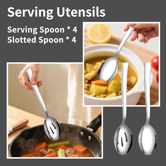 12 Piece Serving Utensils, Amafox Stainless Steel Serving Utensils Set Include Large Spoons, Slotted Spoons, Ktichen Tongs, Ice Tongs for Party Buffet Catering Banquet (Silver)