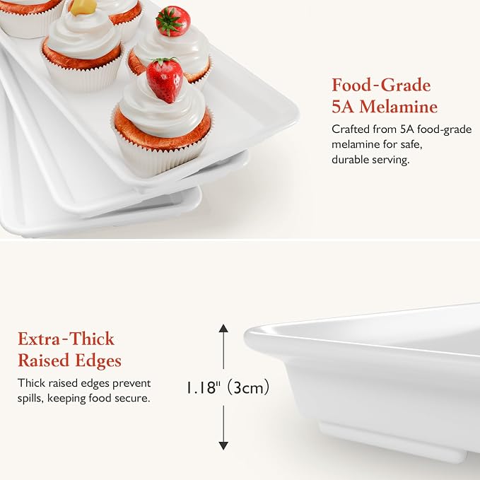 Bumusty 3-Tier Melamine Serving Tray Set, 11.5 x 5.6 in, Black Stand | Melamine Reusable Platters with Metal Display Stand for Cupcakes, Desserts, Fruit, Cookies, Parties, Birthdays and Holidays