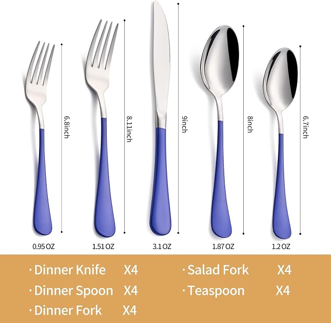 20-Piece Blue Silverware Set 18/0 Stainless Steel Silverware Set Blue Handle Cutlery Set Service for 4 Dinner Knives Forks Spoons Set Flatware Set Finish Dishwasher Safe