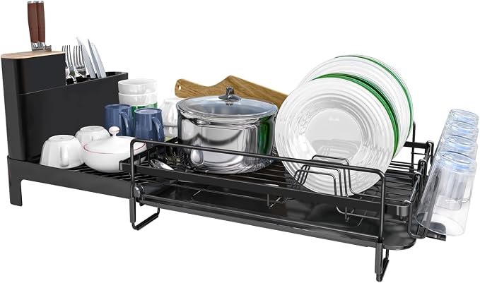 Runnatal Large Dish Drying Rack Stainless Steel Sink for Kitchen | Extendable Dish Rack Used in Sink & Kitchen Counter, with Drainboard Set & Utensil Holder & Cup Holder 20.5"-27.6"L x 12.6"W