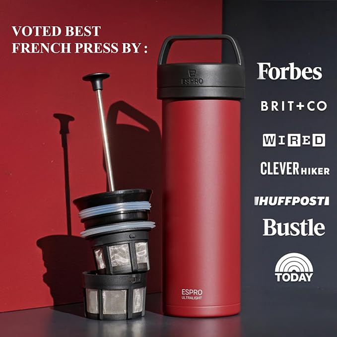 ESPRO Go P0 Ultralight French Press Coffee Maker for Travel, Vacuum Insulated Stainless Steel, 16 Ounces, Cranberry