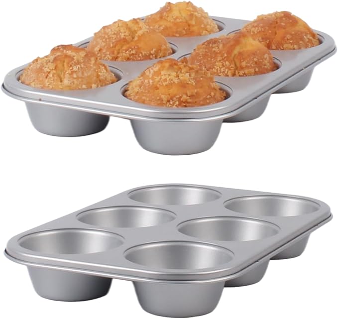 Nonstick Jumbo Muffin Pans, 2 Pack 6 Cup Extra Large Cupcake Tins | Premium Non-Toxic Non-Stick Coating, Heavy Duty Carbon Steel, 3.5 Inch Dia Deep Muffin Trays for Home Baking