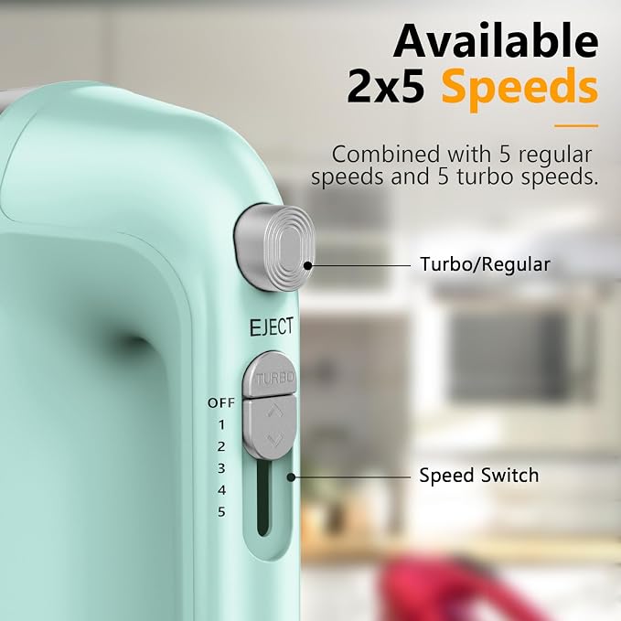 Hand Mixer Electric, 450W Kitchen Mixers with Scale Cup Storage Case, Turbo Boost/Self-Control Speed + 5 Speed + Eject Button + 5 Stainless Steel Accessories, For Easy Whipping Dough, Cream, Green