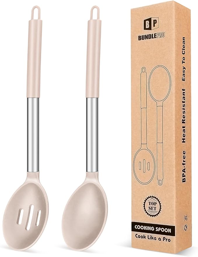 BUNDLEPRO Silicone Cooking Spoons for Non Stick Cookware, 2 Pack, KHAKI | Heat Resistant, Large Kitchen Spoons for Mixing, Serving, Draining, Stirring