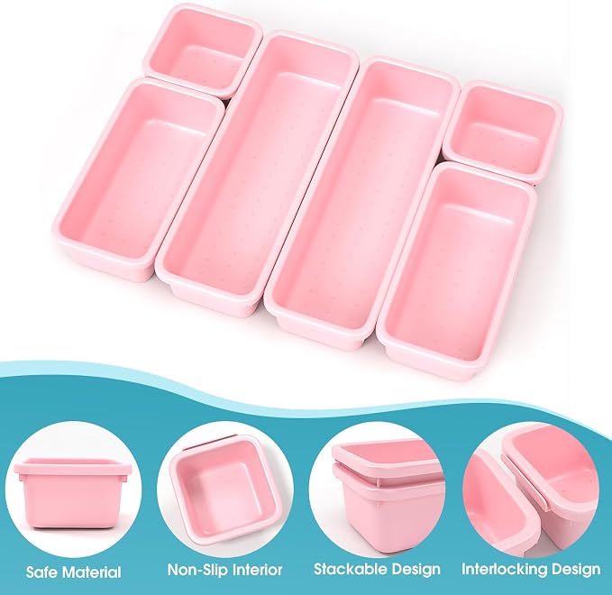 6 PCS Drawer Organizer Set, 3 Size Makeup Drawer Divider Organizer With Non-Slip Pads, Interlocking Plastic Storage Bins for Office,Jewelry Vanity,Gadgets, Bathroom,Kitchen, Pink