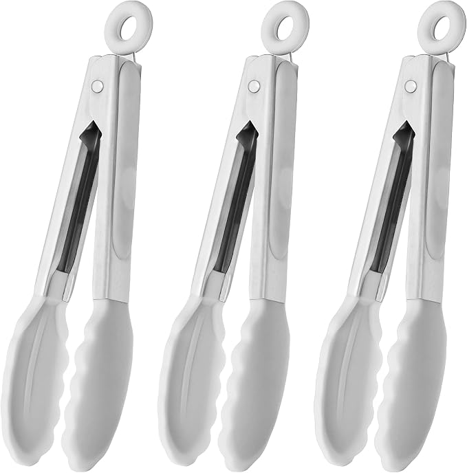 HINMAY Mini Tongs with Silicone Tips 7-Inch Serving Tongs, Set of 3 (White)
