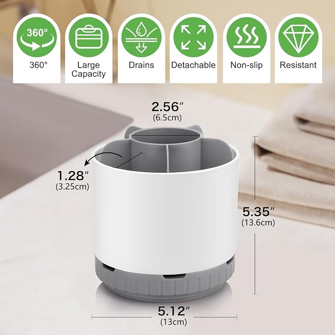 GFWARE Rotating White Toothbrush Holder for Bathroom Organizer, Drainage | Detachable 6 Slots Kids Electric Toothbrush and Toothpaste Holder, Bathroom Countertop Sink Storage Caddy