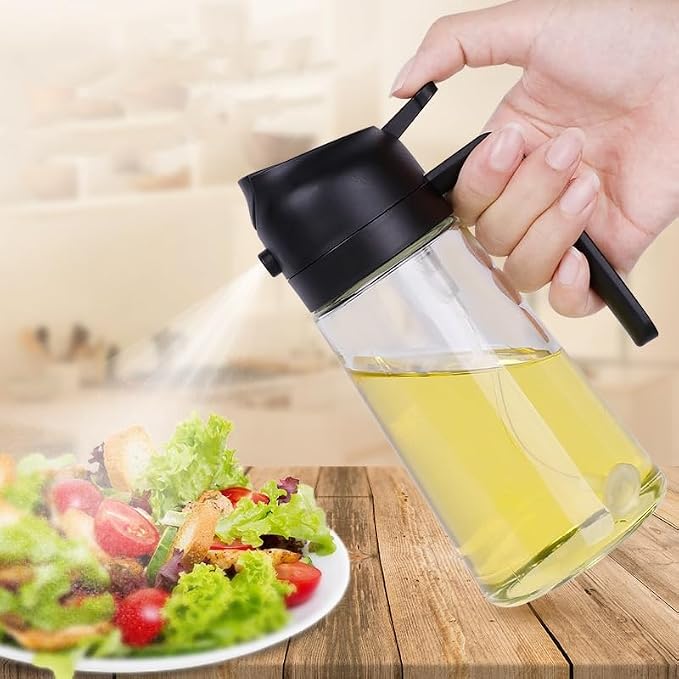 ZHIYE Oil Spray Bottle for Cooking, 16oz/470ML 2 in 1 Olive Oil Dispenser Sprayer for Kitchen Premium Clear Glass Oil Bottle for Cooking, Air Fryer, BBQ, Salad, Black