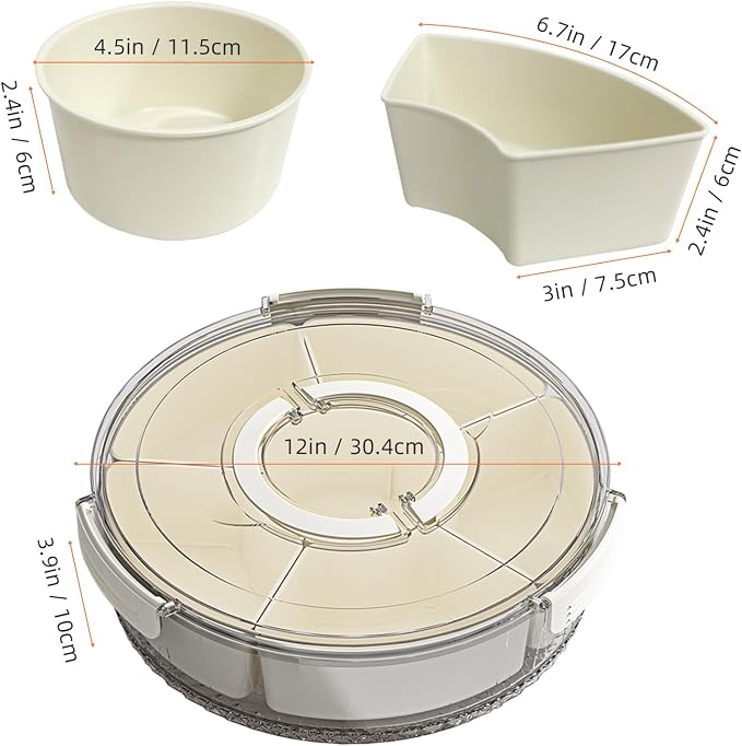 Divided Serving Tray with Lid and Handle, Stackable Snackle Box Container for Fruits Candy Organizer, Portable Spinning Rounded Veggie Tray for Kitchen, Party, Trave and Picnic-1 PACK