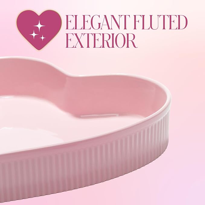 Paris Hilton Heart-Shaped Pie Dish Set, Finely Crafted 8-Inch and 10-Inch Stoneware Baking Dishes with Elegant Fluted Exterior, Nesting Design, Oven Safe up to 450°F, 2-Piece, Pink
