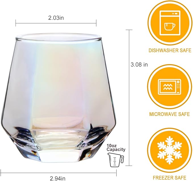 Diamond Wine Glasses Set of 8, Iridescent Stemless Wine Glass 10oz | Geometric Christmas Red Wine Glassware, White Wine Party Glass Cups, Bourbon, Whiskey, Wedding