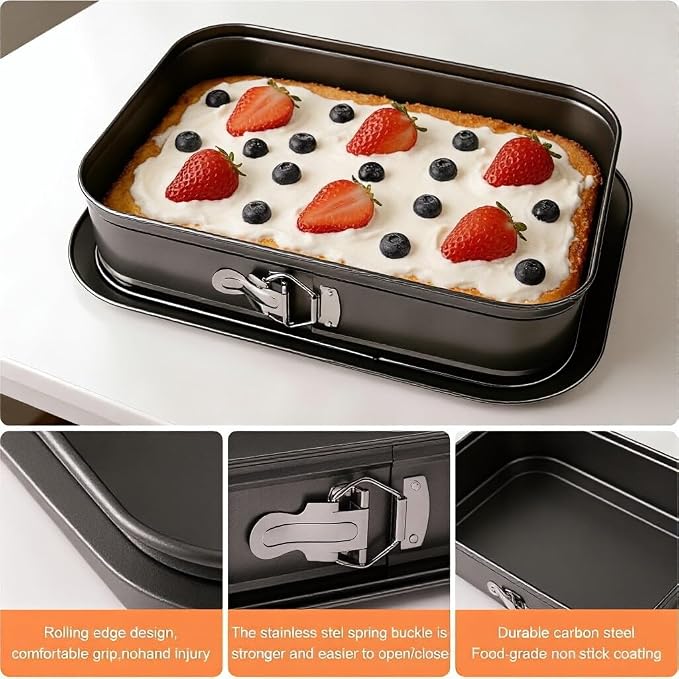 2PCS Rectangle Springform Pan for Baking, 14 x 9 Inch Non-Stick Carbon Steel Cheesecake Pan with Removable Bottom, Large Rectangular Cake Pan for Tiramisu, Lasagna and Party Cakes