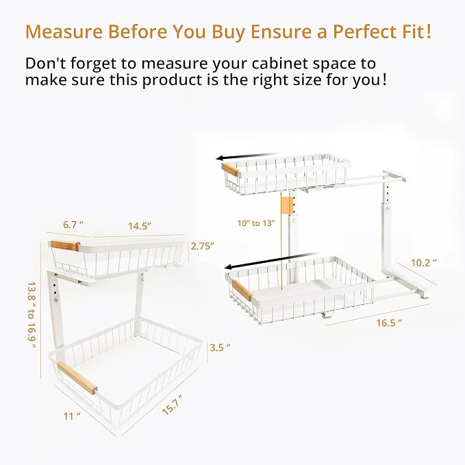 Under Sink Organizer 2 Pack, 2 Tier Pull Out Cabinet Organizers and Storage for Kitchen Bathroom Pantry Laundry, Adjustable Height, Slide Out Thickened Metal Storage Shelf (White, 2 Pack)