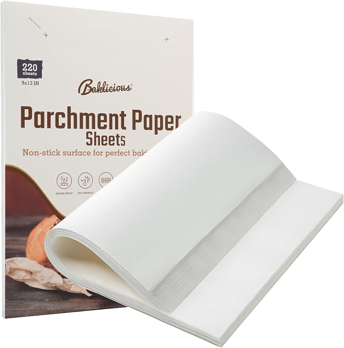 Baklicious 9x13inch 220pcs White Pre-Cut Non-Stick Parchment Baking Sheets | for Air Fryer, Oven, Bakeware, Steaming, Cooking Bread, Cupcake, Meat, Cookies