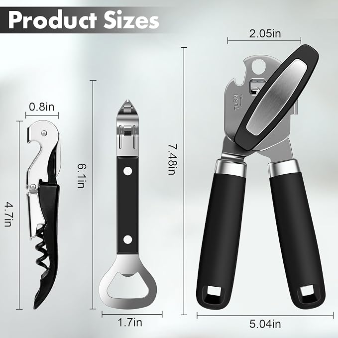 3PCS Can Opener Manual & Bottle Opener & Wine Opener, Smooth Edge Can Openers with Strong Magnet, Heavy Duty Stainless Steel Abrelatas Handheld Waiter Corkscrew - Premium Kitchen Supplies (Black)