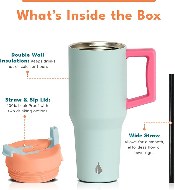Elemental 100% Leak Proof 32oz Tumbler with Handle & Straw Travel Mug | Stainless Steel Double Wall Insulated Tumbler for Hot and Cold Beverages with Sip & Straw Lid
