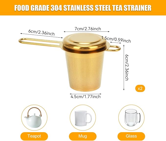 2pcs Tea Infuser, Stainless Steel Tea Strainer Fine Mesh Tea Diffuser with Double Long Handles Loose Leaf Tea Steeper for Mugs Cups Teapots (Gold)