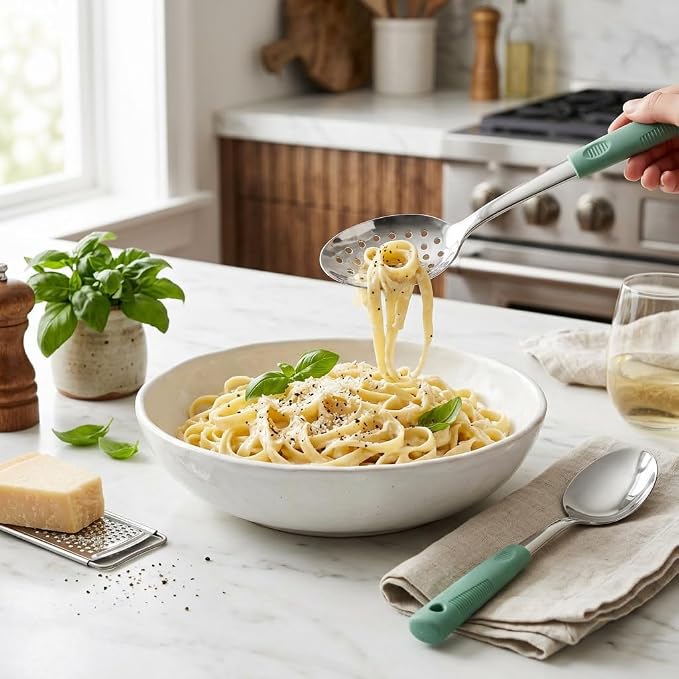 Serving Spoon Set with Silicone Handles,2-Piece spoon | Stainless Steel Serving Spoon, Slotted Spoon & Soup Ladle Set for Buffet and Home Kitchen