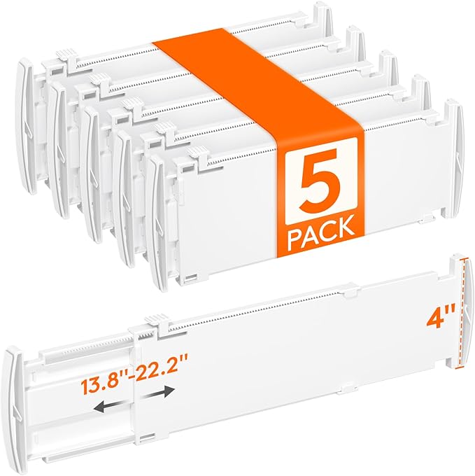 Lifewit 5 Pack 4" High Drawer Dividers, Adjustable Drawer Organizer Clothes | 13.8"-22.2" Expandable White Plastic Separators for Dresser, Kitchen, Cabinet, Nursery, Office, Socks & Underwear Storage