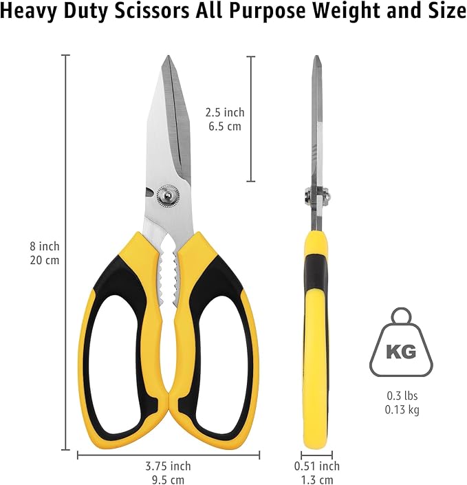 BoFuYuan Utility Scissors All Purpose heavy duty 8-Inch Yellow | Comfort Grip, Sharp Serrated Blades Cutting Carpet Cardboard Wire Fabric, Multipurpose Shears for Kitchen Garden Office Craft