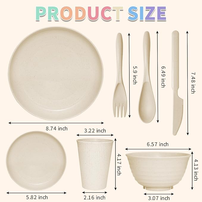 SHECIPIN 42-Piece Wheat Straw Dinnerware Set, Large Round Plates, Bowls and Cups, Unbreakable dish set, Dishwasher and Microwave Safe, Outdoor Dishes (Beige)