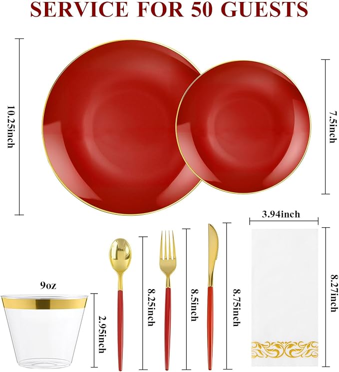 350 PCS Red Plastic Dinnerware Set, Red and Gold Rim Disposable Plates for 50 Guests, Include 100 Plates with 150 Plastic Cutlery, 50 Napkins and 50 Cups