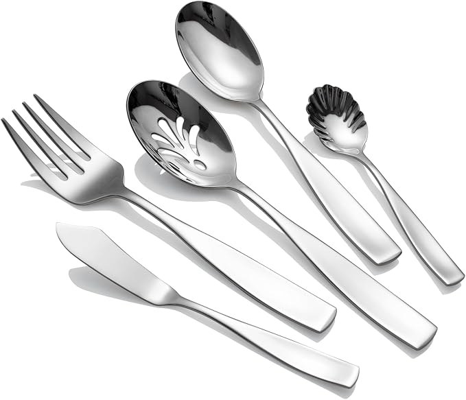 5-Piece Stainless Steel Serving Utensils Set | Mirror Polished, Silverware Serving Set, Hostess Set for Kitchen Indoors, Dishwasher Safe