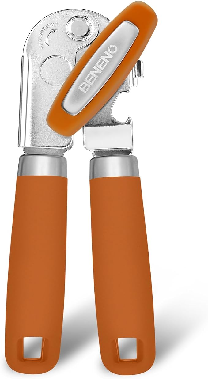 Beneno Heavy Duty Hand Can Opener Manual with Magnet Lid Remover, Orange | Razor-Sharp Carbon Steel Blade, Precise Smooth Cutting Gear, Big Effort-Saving Knob, Soft Grip Handle, Built-in Bottle Opener