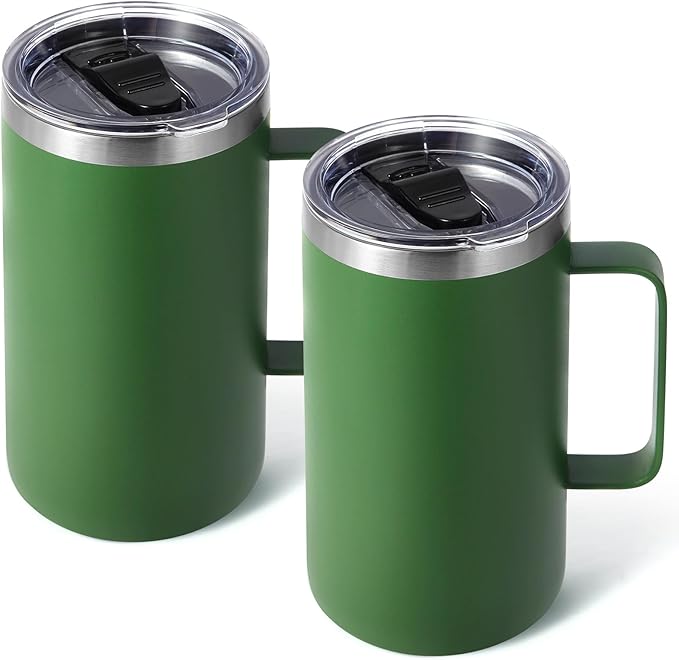 Volhoply 22oz Insulated Stainless Steel Coffee Mugs with Leakproof Lid Bulk 2 Pack,Double Wall Vacuum Travel Coffee Cup with Handle,Reusable Metal Tumbler,Camping Mug Keep Hot&Cold(Army Green,2)
