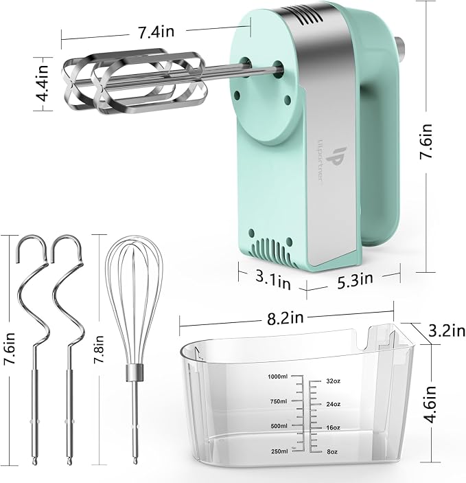 Hand Mixer Electric, 450W Kitchen Mixers with Scale Cup Storage Case, Turbo Boost/Self-Control Speed + 5 Speed + Eject Button + 5 Stainless Steel Accessories, For Easy Whipping Dough, Cream, Green