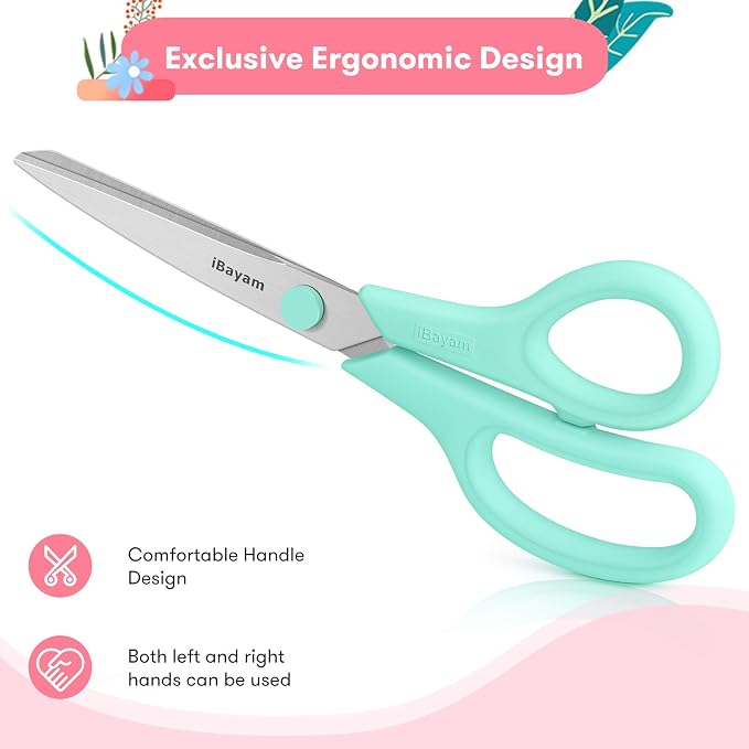iBayam 8.5" All Purpose Yellow Pink Teal Scissors for School Office Teacher | 2.5mm Thick Blade Shears | Soft Comfort-grip | Left/Right Handed | Cute Office School Teacher Supplies | Home Sewing Fabric