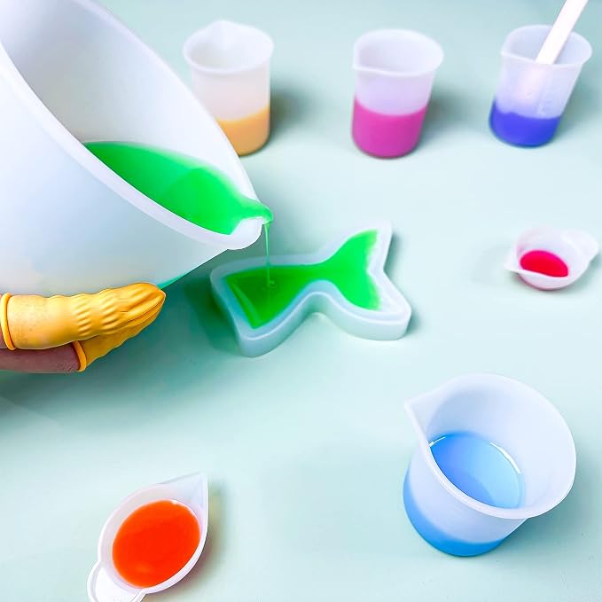 Sjubaopen Silicone Measuring Cups 600ml for Resin, Epoxy, Baking | Easy to clean, Heat Resistant, Thickened, 100ml+10ml, Stir Sticks, Droppers, Finger Cots for Wax,Chocolate, Jewelry