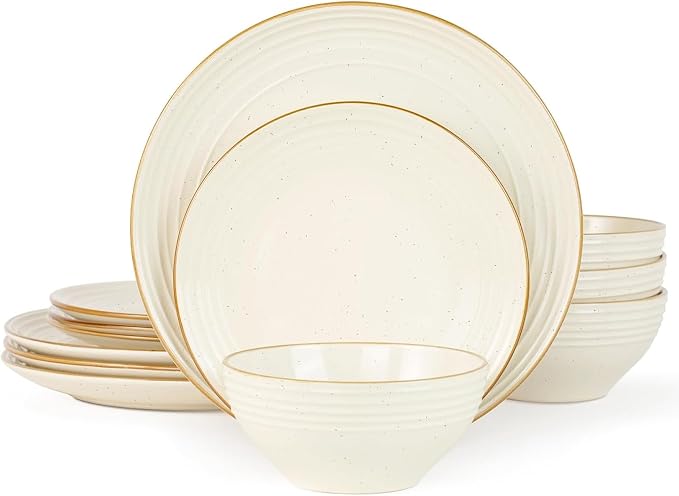 Famiware Jupiter Plates and Bowls Sets with Rim, Stoneware Dinnerware for 4 | 12pcs Ceramic Neutral Dishes, Speckled & Embossed Swirl, Chip & Scratch Resistant, Microwave & Dishwasher Safe, Vanilla White