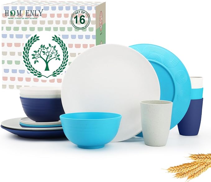 Premium Wheat Straw Dinnerware Sets, Plates and Bowls Sets,Cups,Alternative to Plastic Plates Service for 4, Dishwasher and Microwave Safe 16 PCS Dish Sets for Home,Camping - Island