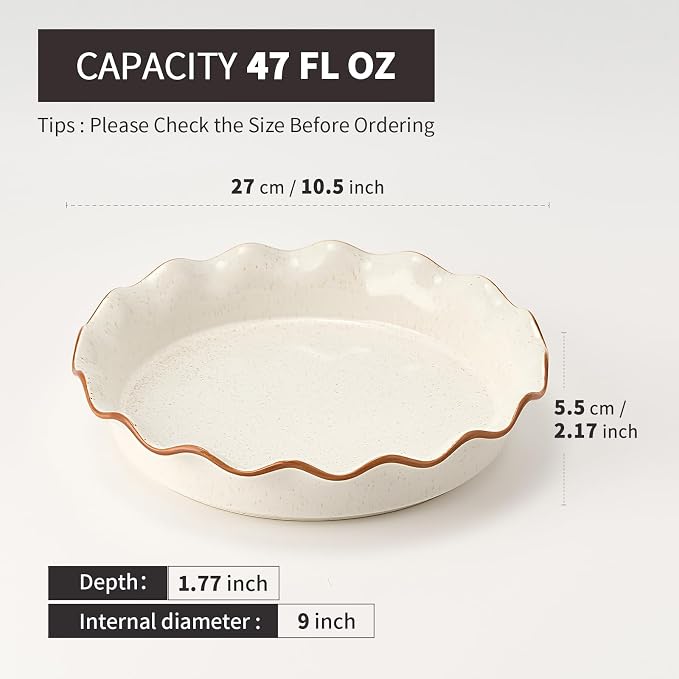 Ceramic Pie Pan for Baking[10.5 inch],Reusable NonStick Ceramic Baking Dish | Reusable NonStick Ceramic Pie Plate with Ruffled Edge,Deep and Fluted Pie Dish for Apple Pie,Quiche,Pot Pie, Tart, etc（White）