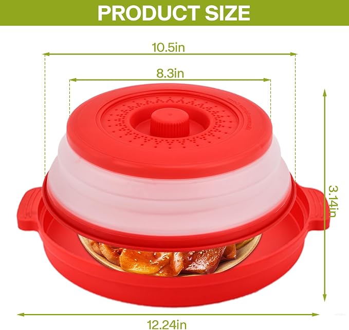 Microwave Splatter Cover for Food with Anti-scald Base Plate,Large Plastic & Silicone Vented Avoid Scalding Collapsible Guard Lid,Kitchen Essential Gadgets for Meal Prep-10.7 Inch (Red)