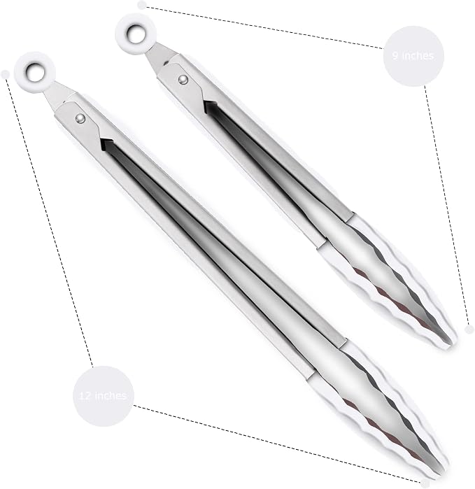 2 Pack Silicone Kitchen Tongs – 9" & 12" Set, Heat Resistant up to 500°F, Non‑Stick Cookware Safe, Wavy Silicone Tips, BPA Free, Locking Clip & Hanging Loop, Light Grey