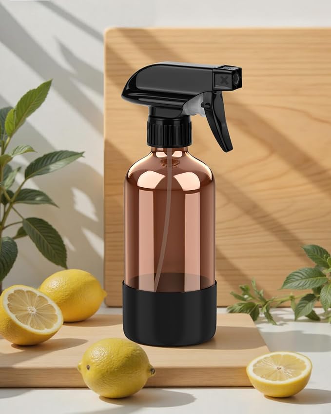 Bontip Amber Glass Spray Bottle, 8 oz with Black Silicone Sleeve, 1 Pack | Refillable amber glass bottle, With protective silicone sleeve, BPA-free, UV shielding, Great for cleaning solutions,plants
