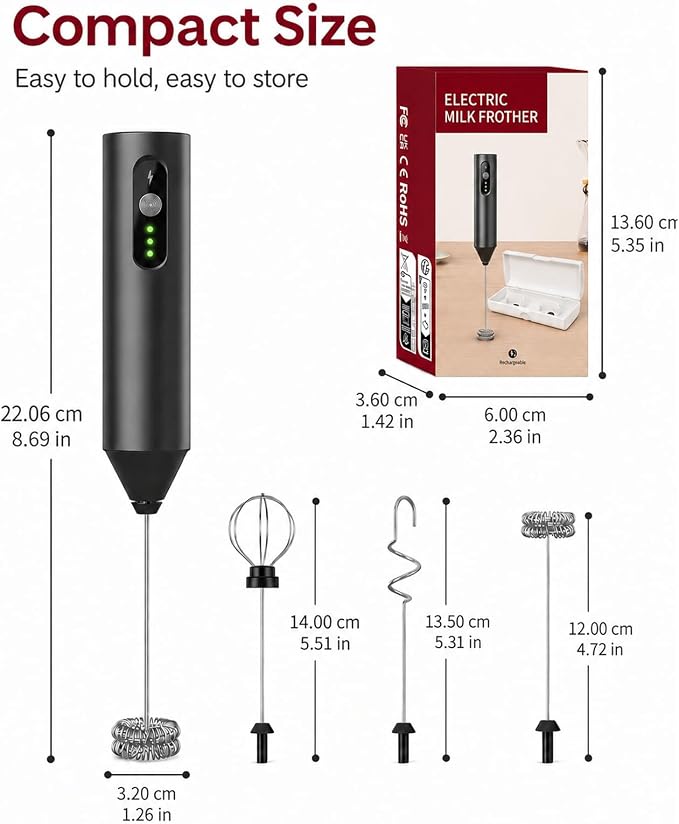 Rechargeable Electric Milk Frother Handheld, Hand Mixer Coffee Frother Wand | Portable Drink Mixer with 3 Speeds, 3 Whisk Heads, Storage Case, Electric Whisk for Matcha Lattes Cappuccino, Kitchen Gifts
