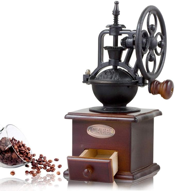 Burr Coffee Grinder, Vintage Style Wooden Hand Grinder | Hand Crank, Classic French Press Coffee Mill, Coffee Bean Grinder, Includes Brush