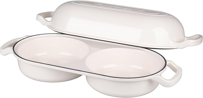 Enameled Cast Iron Double Dutch Oven with Lid, Dual Round Loaf Pan, Bread pan for Homemade Sourdough Bread Baking, White