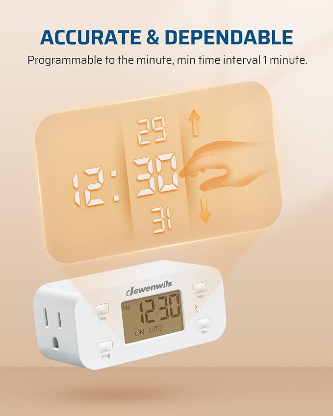DEWENWILS Indoor 24 Hour Programmable Digital Timer Outlet, 1 Outlet,2 Pack | 3 On/Off Programs,125V/15A, 1/2 HP, 3 Prong Light Timer for Lamp,Aquarium, Christmas Decorations, Reptile Tanks,White