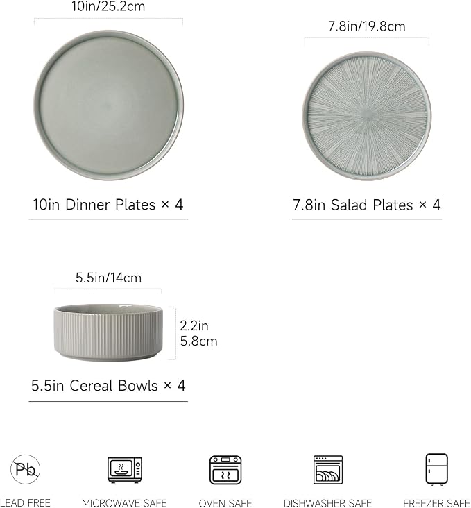 Stoneware Dinnerware Sets for 4, 12-Piece Plates and Bowls Set, Light Green | Advanced Inkjet Printing Ceramic Dishes, Chip & Scratch Resistant, Microwave and Dishwasher Safe Tableware