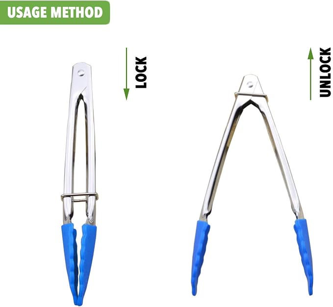 HINMAY Small Tongs with Silicone Tips 7-Inch Serving Tongs, Set of 3 (Blue)