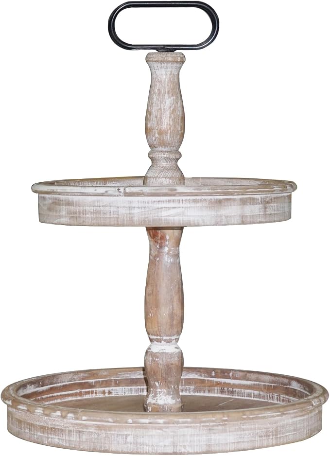 Krismax Decorative Trays - Two Tiered Tray Stand Rustic Decor Farmhouse 2 Tiered Tray Serving Tray Seasonal & Holiday Decoration Wooden Tray