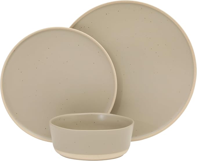 Gibson Elite Humphrey Lane 12 Piece (Service for 4) Plates and Bowls Reactive Glaze Dishes Stoneware Ceramic Dinnerware Set - Taupe