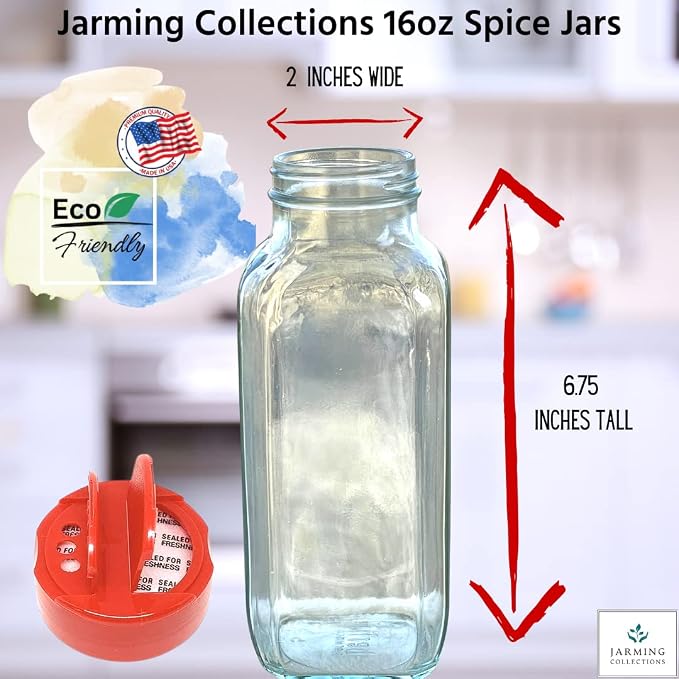 Glass Spice Jars with Shaker Lids - Spice Jars 16 oz for Food Storage, Spice Containers for Kitchen Organization, Organizing Bottles for Spices (French Square Red - 2pack)