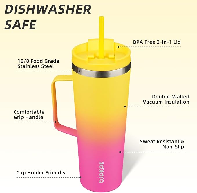 BJPKPK 26oz Insulated Tumbler with Handle, Lid & Straw, Stainless Steel | Double Wall Vacuum Insulated Coffee Travel Mug - Keeps Cold & Hot, BPA Free, Cupholder Fit for Office, Gym & Travel