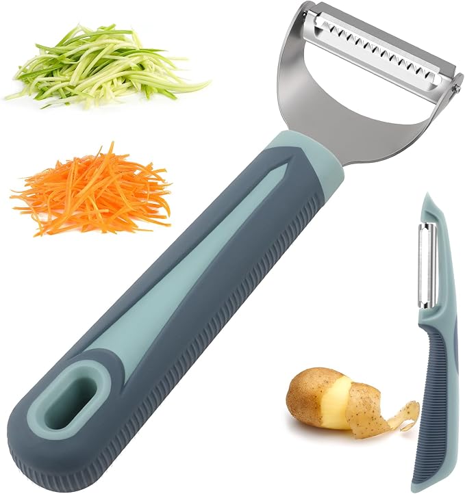 Julienne Peeler Vegetable Peeler with 4.8'' Long Silicone Handle | Non-slip grip & sharp blade; Y carrot shredder -strips for salads & meal prep; Potato peeler -ordinary peeling; 2 Pack; Blue